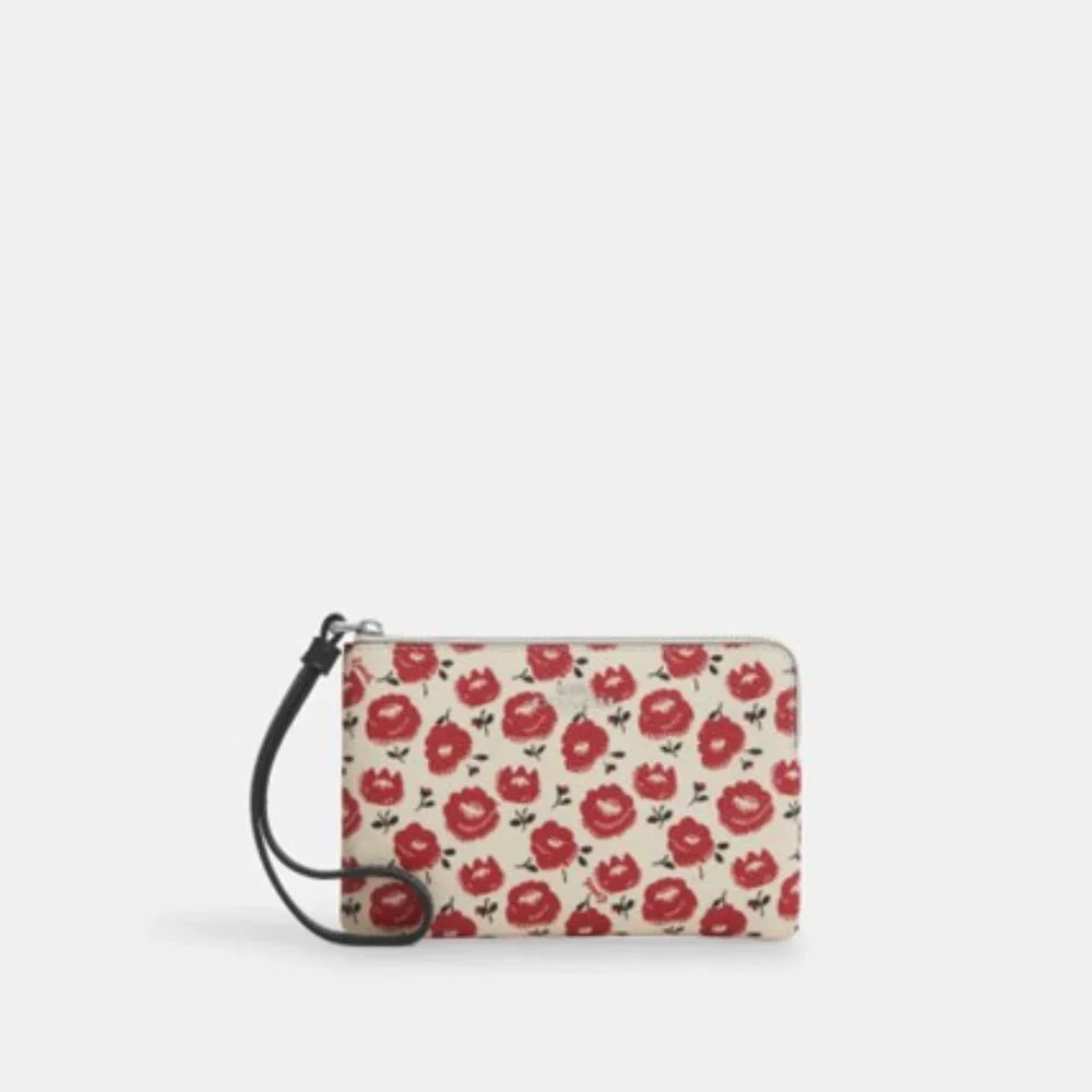 Coach Corner Zip Wristlet Bag W/ Red Floral Print- Designer - NWT - Picture 5 of 7